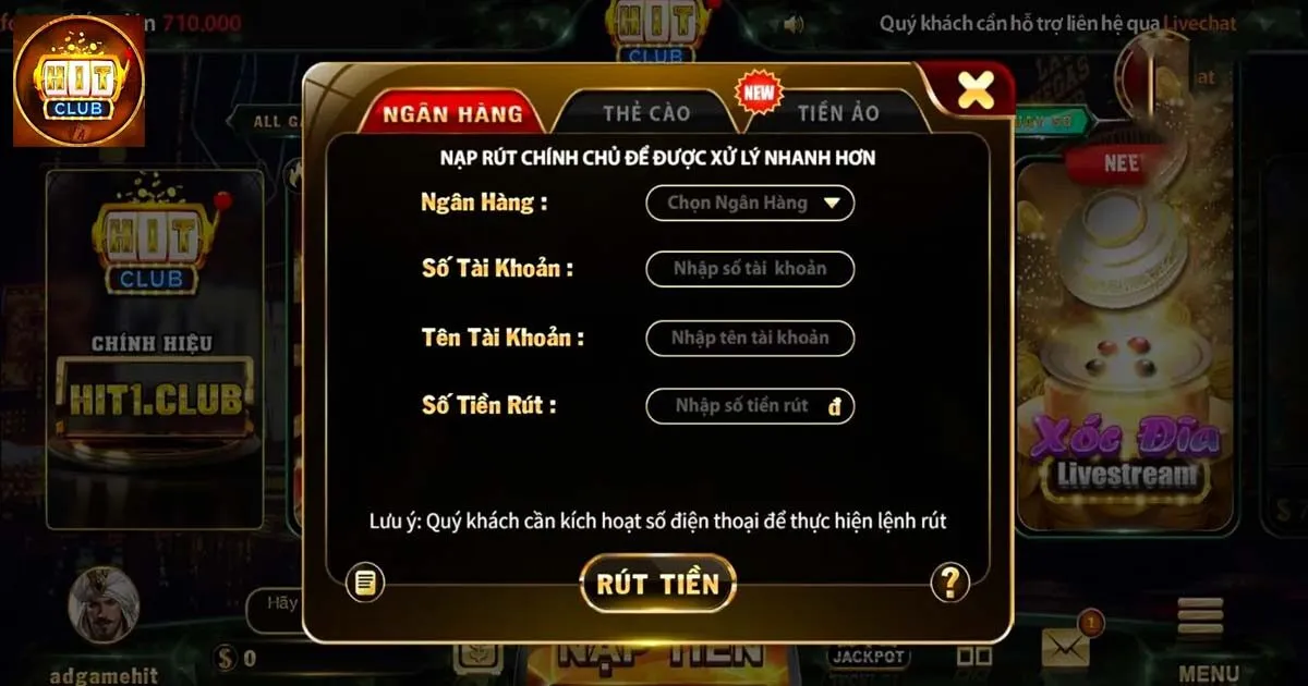 Rút tiền thưởng từ Hitclub về